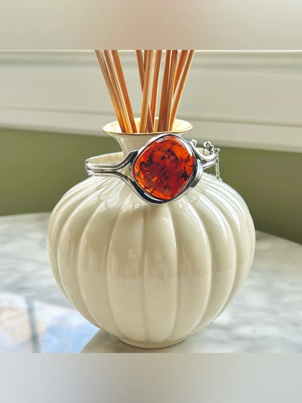 Oversized Baltic Amber & Sterling Silver Modernist Cuff Bracelet (Vtg) - Picture 11 of 15